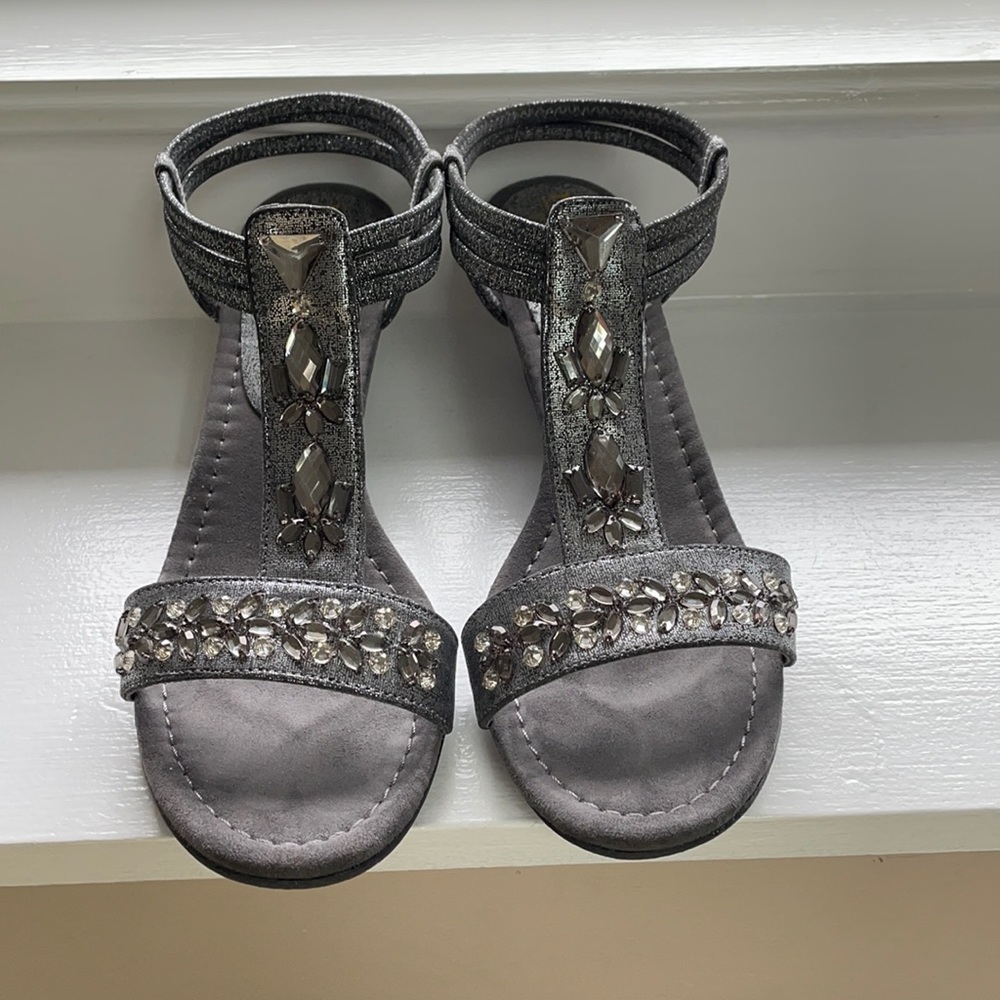 New York Transit Silver Jeweled Small-Wedge Heels